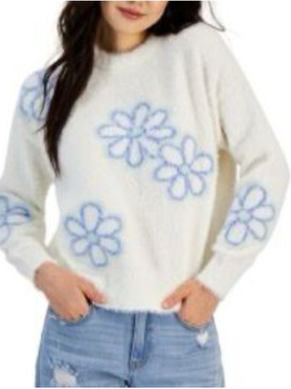 Hooked Up by IOT Juniors' Eyelash Floral Sweater Size XS White Blue fuzzy NEW